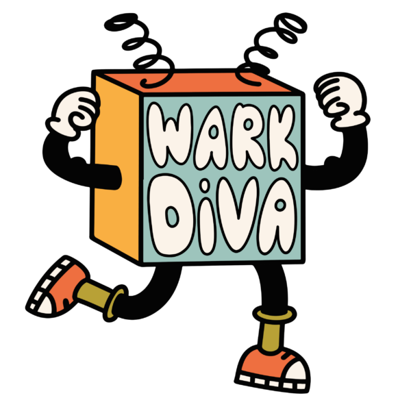 Het Wark-DIVA logo: een vrolijke, lopende doos die jongeren symboliseert die aan de slag gaan.